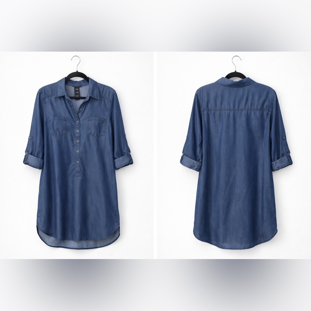 Olsen 100% Lyocell Chambray Tunic Shirt Dress Top | Roll Tab Sleeves | M - Picture 6 of 9